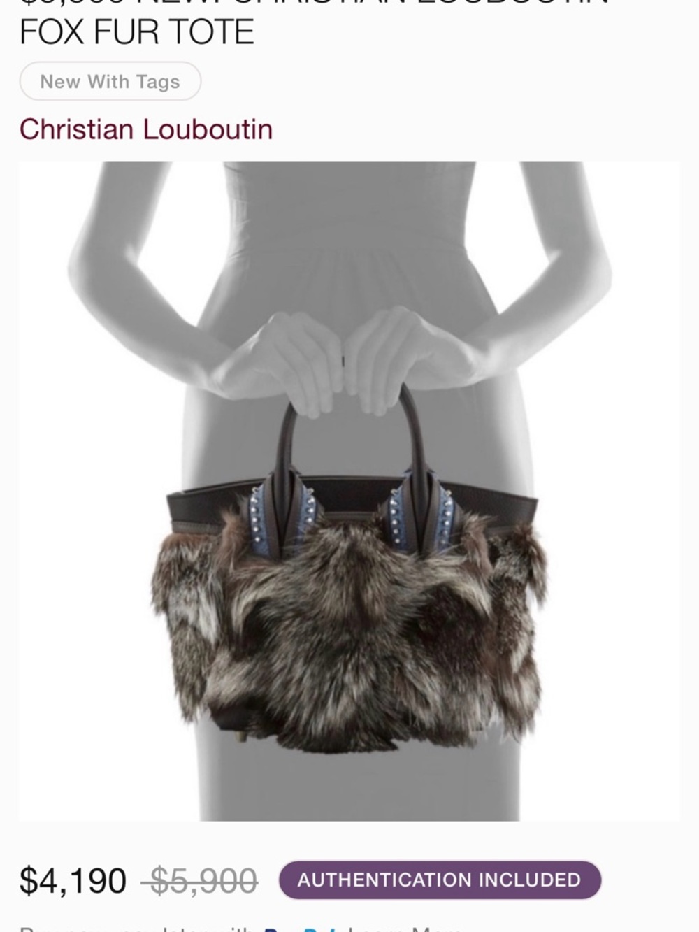 Christian Louboutin Gray Fox Fur Trim Studded Leather Tote $5,900